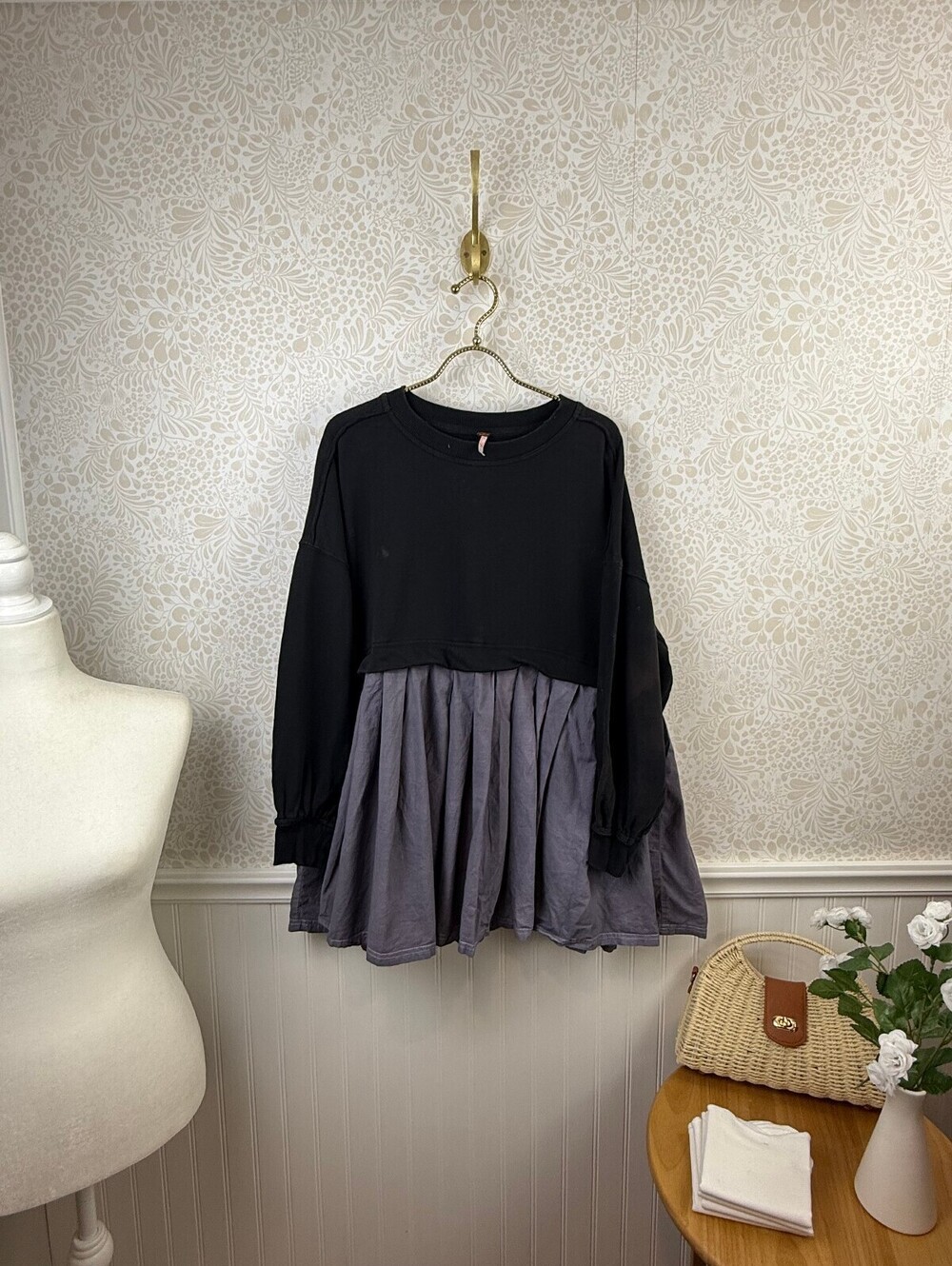 Free People Black and Gray Eleanor Layered Sweatshirt Minidress - Size - XS